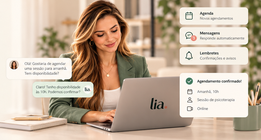 Lia ao notebook, com destaques de agenda, mensagens e lembretes