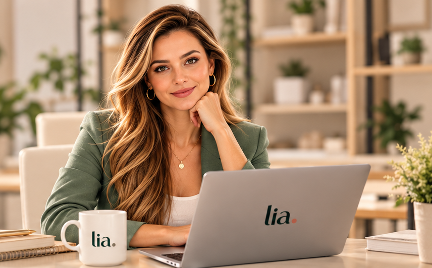 Lia em um ambiente acolhedor, trabalhando ao notebook