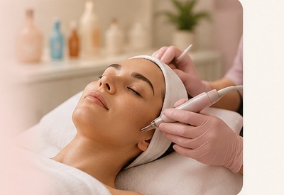 Atendimento estético facial em clínica, com profissional utilizando luvas